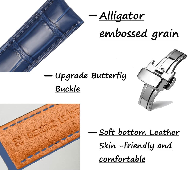 MORANO Moran Quick Release Leather Watch Bands Deployment Butterfly Buckle 18mm 20mm 22mm 24mm Blue Black Brown Calfskin Replacement Watch Strap for Men & Women - Image 5